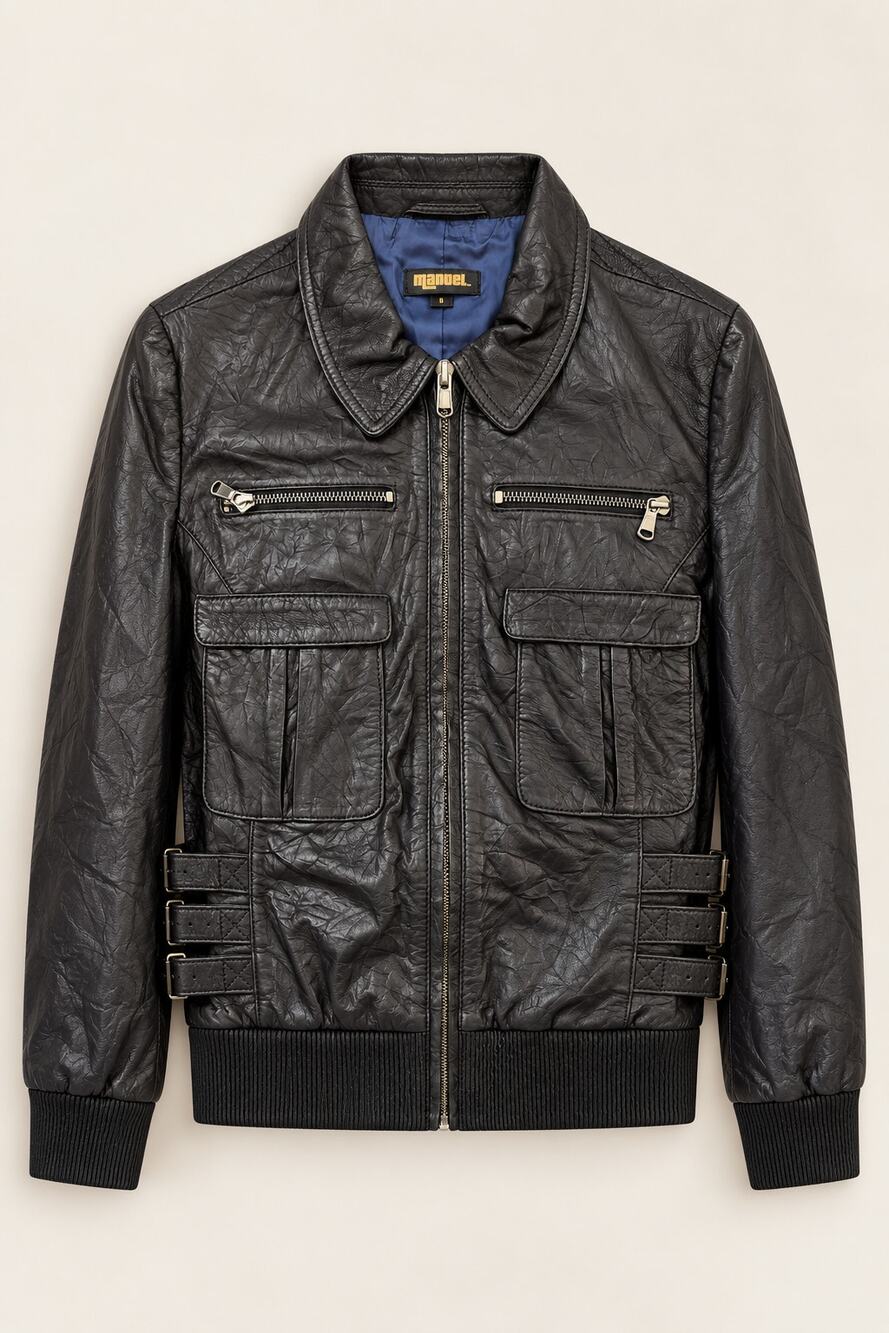 Vintage Manuel Cuevas Leather Jacket Size 8 Dark Navy Y2K Moto Western Designer